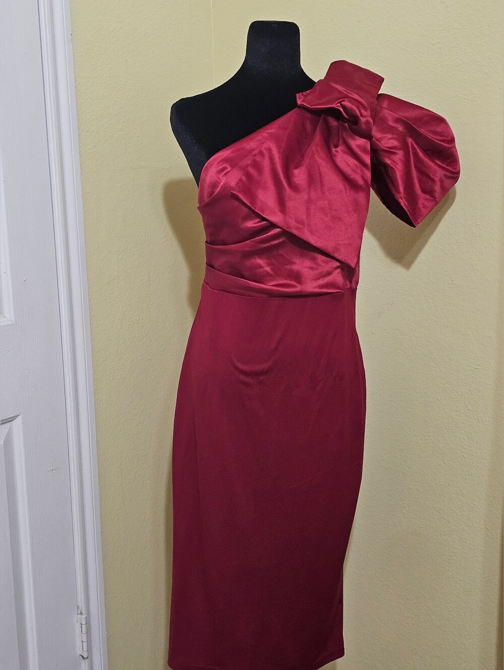 SHEIN One-Shoulder Bow Midi Dress in Berry Red